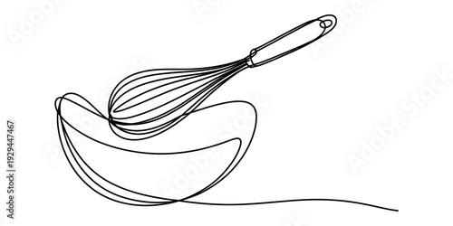 Continuous line drawing of a kitchen whisk and a mixing bowl for baking and cooking concepts. isolated on white background, Vector, illustration