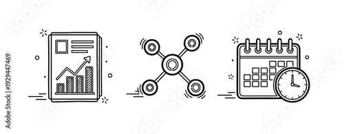 Business analytics and planning: graph, network, and calendar icons for data management