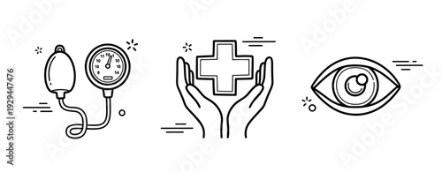 Healthcare symbols illustrating blood pressure, medical care, and eye health