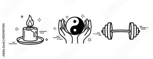 Harmony symbols: candle, yin yang, dumbbell illustration for balance and wellness