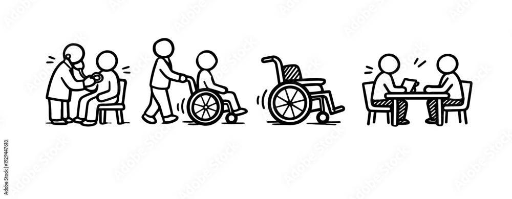 Fototapeta premium Healthcare icons: doctor visit, wheelchair assistance, patient consultation