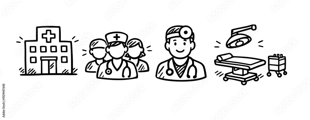 Fototapeta premium Hospital staff and equipment - doctor, nurses, surgical table illustration
