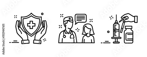 Healthcare icons: doctor consultation, vaccine, medical shield protection