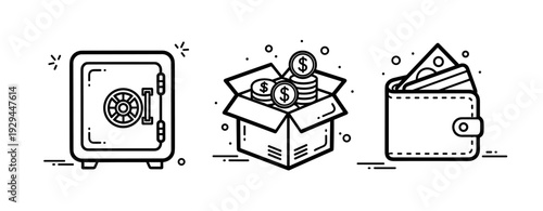 Safe, box with coins, and wallet icons representing financial security