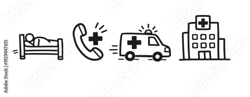 Emergency medical icons: hospital, ambulance, phone, patient in bed