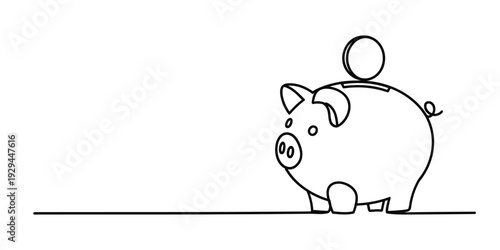 Continuous line drawing of a piggy bank with a coin falling into the slot on its back. isolated on white background, Vector, illustration