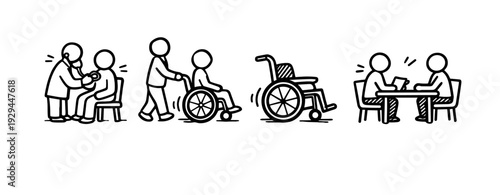 Healthcare icons: doctor visit, wheelchair assistance, patient consultation
