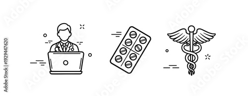 Healthcare professional with laptop, medication blister pack, and medical caduceus symbol illustration