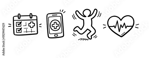 Healthcare icons: calendar, smartphone, active person, heartbeat line