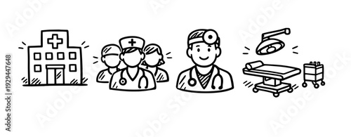 Hospital staff and equipment - doctor, nurses, surgical table illustration