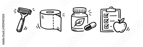 Daily essentials: razor, toilet paper, vitamins, checklist with apple icon