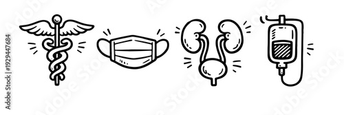 Medical symbols: caduceus, mask, kidneys, iv bag in vector art style