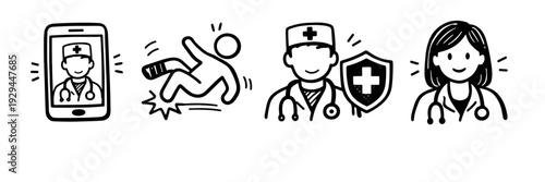 Telemedicine access, injury, healthcare protection, female doctor - digital icons