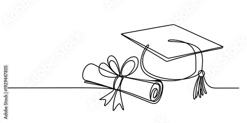 Continuous line drawing of a graduation cap and a diploma scroll with a bow. isolated on white background, Vector, illustration