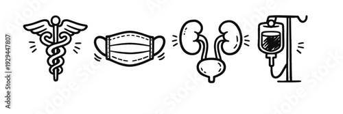 Medical symbols: caduceus, mask, kidney, and iv drip line art