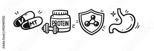 Fitness supplement icons: vitamins, protein, immunity, digestion