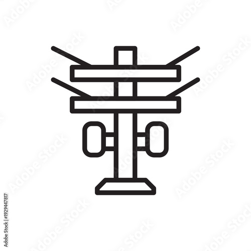 Linear vector icon of an electric utility pole with power lines and insulators. Ideal for representing electrical grids, energy infrastructure, power distribution, telecommunications, public utility.