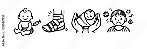 Black and white cartoon illustrations of baby, injured foot, swaddled infant, and sick child