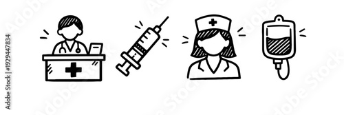 Medical symbols: doctor, syringe, nurse, iv drip icons in black and white