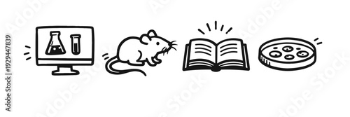 Scientific research: computer monitor, lab mouse, open book, petri dish icons