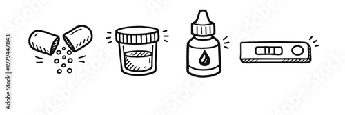 Doodle icons of capsules, urine sample, dropper bottle, and test kit