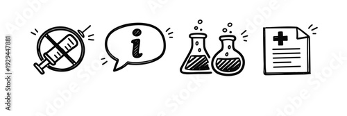 Healthcare icons: vaccine, information, laboratory, medical report in black and white design