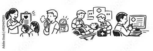 Healthcare illustration: pediatric checkup and emergency response scenes