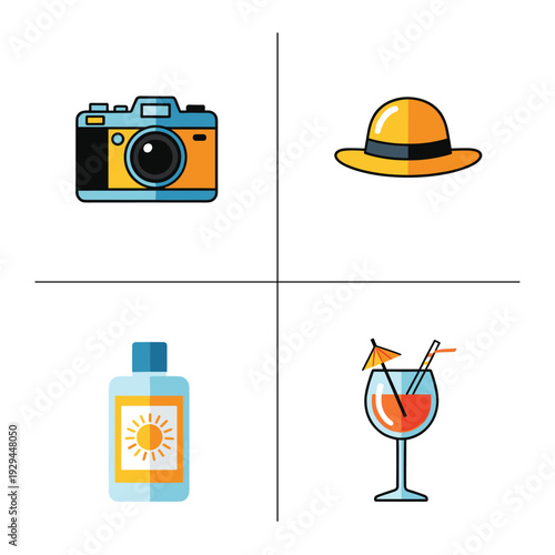 Summer essentials - camera, hat, sunscreen, and cocktail for vacation fun.