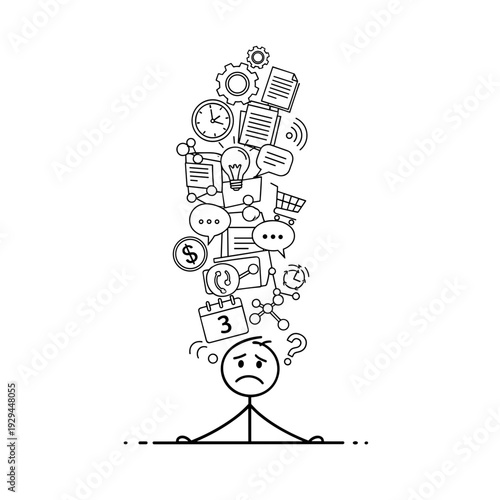Stick figure overwhelmed with workload tasks, perfect for stress management resources and productivity articles