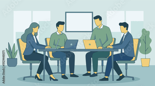 Business team collaborating on laptops in a modern office meeting room