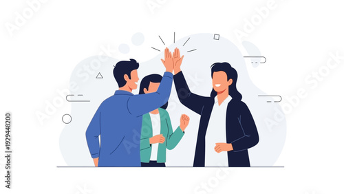 Teamwork success celebration, diverse people high five, winning and collaboration concept