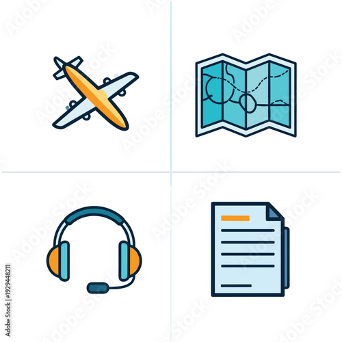 Travel and tourism related icons representing flight map and support.