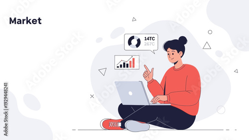 Woman Analyzing Financial Data on Laptop, Stock Market Investment Concept