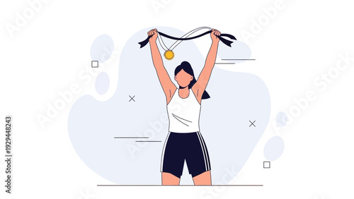 Woman celebrates victory with medal at finish line, sports achievement