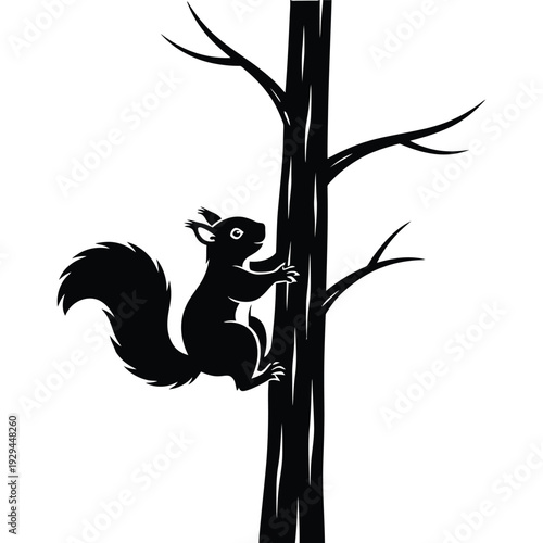Squirrel climbing tree in bold black silhouette against white