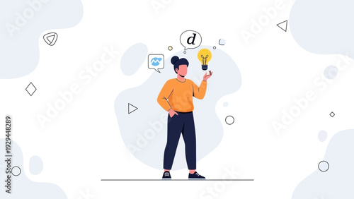 Woman holding a bright idea lightbulb, innovation concept, creative thinking, abstract background