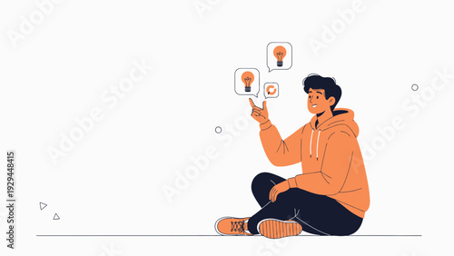 Young man sitting and thinking about new ideas with lightbulbs above head