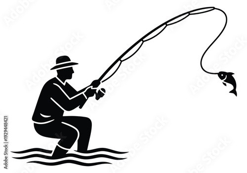 Man fishing with large fish on hook in water