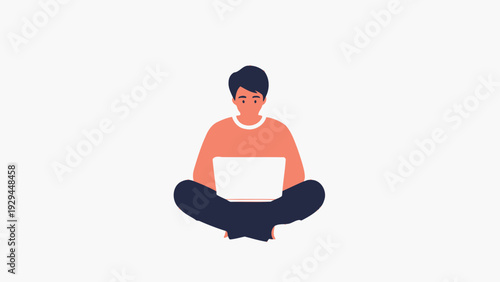 Young Man Sitting Cross-legged With Laptop, Remote Work, Freelance Lifestyle