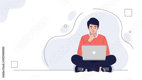 Young man sitting cross-legged with laptop, thinking, modern flat illustration