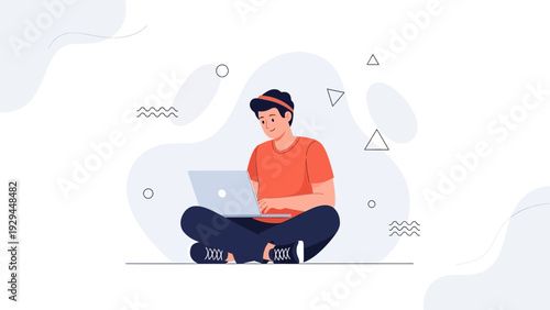 Young man sitting cross-legged working on a laptop with abstract shapes background