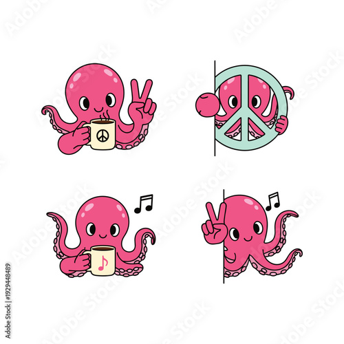Cartoon octopus characters showing peace signs and enjoying music in a fun and playful style