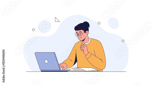 Young man with glasses working on laptop, modern flat illustration