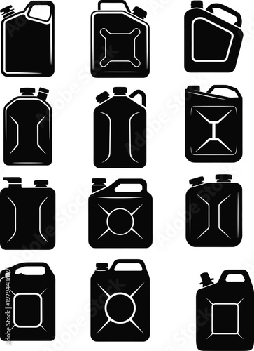 Black fuel jerry can icon collection isolated on white background showing various portable gasoline container silhouettes for transportation, emergency storage, use, automotive safety applications