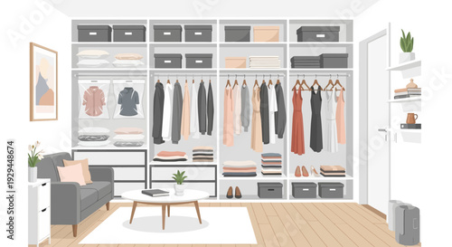 Modern spacious walk-in closet with organized storage and comfortable seating area.