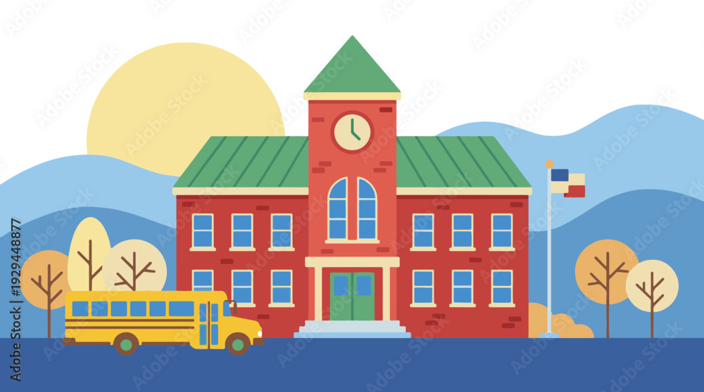Fototapeta premium Flat design illustration of a school building with a yellow school bus