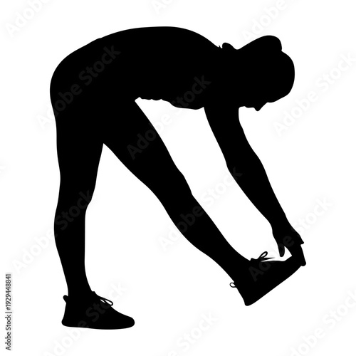 Woman stretching legs in yoga pose, fitness silhouette, vector illustration