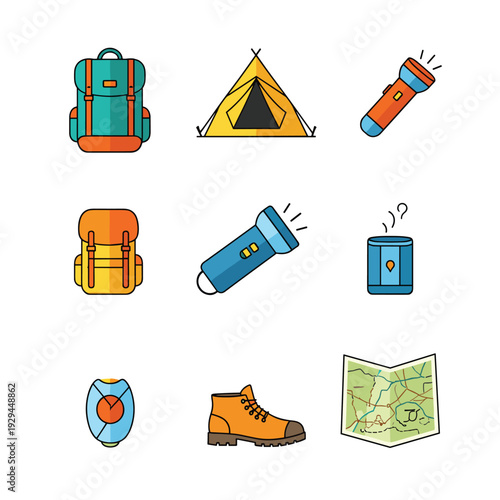 Camping Essentials - Backpack, Tent, Flashlight, and More for Outdoor Adventures.