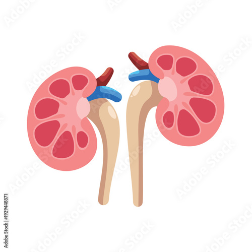 Kidney internal structure cross section, medical diagram showing renal cortex and medulla, urology education illustration.