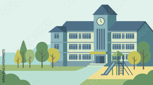 Modern school building with clock tower, playground, and green landscape